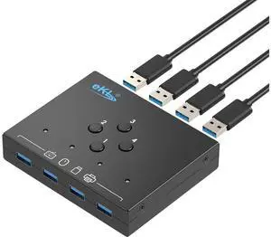 4 in 4 Out USB 3.0 Switch, USB 3.0 Switch for 4 Computers Sharing 4 USB Peripheral Devices Switcher Hub for PC Laptop Mouse Keyboard Scanner Printer with One Button Swapping and 3.5mm Audio Output