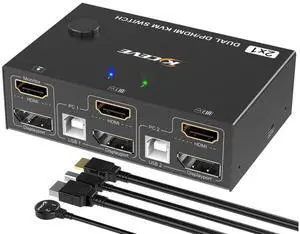 2 Port Dual Monitor Displayport HDMI KVM Switch 4K@60Hz, HDMI DP Extended Display Switcher for 2 Computers Share 2 Monitors (DP+HDMI Port) with 4 USB 2.0 Hub, Desktop Controller and USB HDMI DP Cables