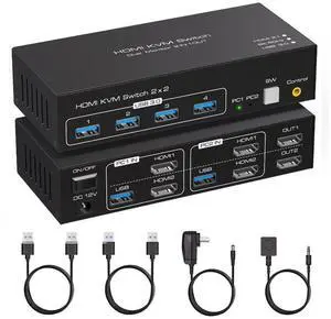 HDMI KVM Switch Monitors 2 Computers, 8K60HZ/4K120Hz KVM Switch Dual Monitors 2 Computers with 4 USB 3.0 Port, HDMI KVM Switch 2 Port Support Button and Remote Switch, 2 PC Sharing 4 USB Devices