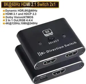 HDMI 2.1 Switch, 8K Bi-Directional HDMI Switcher Splitter Supports 8K@60Hz, 4K@120Hz, 1080P@240Hz Compatible with PS4/PS5 Projectors Monitor Blu-Ray Player Xbox etc eokCXOY