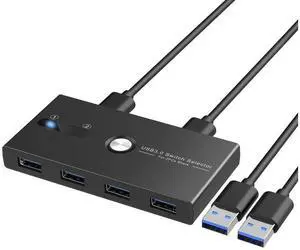 USB 3.0 KVM Switch Selector 2 Computers Sharing 4 USB Devices 4 Port USB Peripheral Switcher Box 2 in 4 Out with One-Button Swapping 2 Pack USB 3.0 Cable for Mouse, Keyboard, Scanner,Printer,Computer