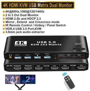 HDMI KVM Matrix Switch 2x2, Dual Monitor USB HDMI KVM Switch with USB 3.0 Hub, 4k@60Hz HDMI Extended Display USB KVM Switcher 2 in 2 Out for 2 Computers Share 2 Monitors, with IR Remote Controller