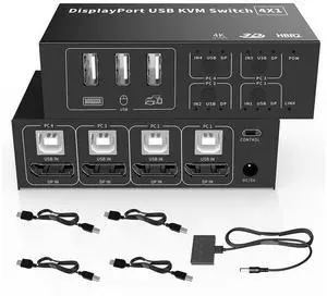 4 in 1 Out DisplayPort KVM Switch 4x1, 4 Port 4K @60Hz USB and DP Switch for 4 Computers Share Keyboard Mouse Printer Monitor for Laptop,PC, with 4X USB Cable,1x Switch Button Cable,1x Power Cable 4 in 1 Out DisplayPort KVM Switch 4x1, 4 Port 4K @60Hz USB and DP Switch for 4 Computers Share Keyboard Mouse Printer Monitor for Laptop,PC, with 4X USB Cable,1x Switch Button Cable,1x Power Cable