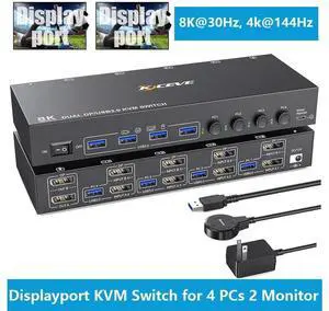 KVM Switch 4 Computers 2 Monitors 8K@30Hz 4K@144Hz, Dual Monitor DP KVM Switch 4 in 2 Out for 4 Computer Share 2 Monitors and 4 USB 3.0 Port Keyboard Mouse,Wired Remote and USB Cables Included eokCXOY