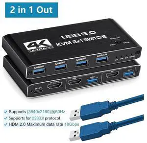 2 Port HDMI KVM Switch 2 in 1 Out, 4K @60Hz HDMI2.0 KVM Switch, HDMI USB 3.0 KVM Switch with 4 USB 3.0 Ports for 2 Computers Share One Monitor, Supporting Wireless Keyboard and Mouse,Plug and Play