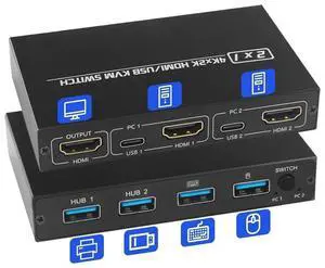 2 Port HDMI KVM Switch for 2 Computers 1 Monitor, 2 in 1 Out KVM Switch HDMI 4K@30Hz, KVM Switch for 2 PC Share 1 Monitor and USB Wireless Keyboard, Mouse, Printer, with 2 USB 2.0 Cables eokCXOY
