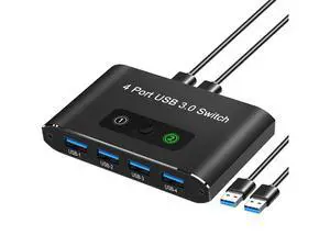 2 in 4 Out USB Switch, USB 3.0 Switch, Aluminum KM Switch 2 Computers Sharing 4 USB Devices KM Switches 5V USB-C Powered for PC Printer Scanner Mouse Keyboard with 2 USB 3.0 Cable, One Button Switch