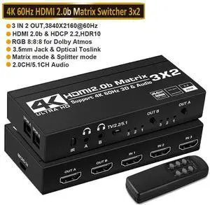 HDMI Matrix 3x2, 4K HDMI Matrix Switch 3 in 2 Out Switcher Splitter Box with EDID Extractor and IR Remote Control, Support Ultra 4K HDR, 4Kx2K@60Hz, 3D/1080P,HDMI 2.0b, HDCP 2.2 eokCXOY HDMI Matrix 3x2, 4K HDMI Matrix Switch 3 in 2 Out Switcher Splitter Box with EDID Extractor and IR Remote Control, Support Ultra 4K HDR, 4Kx2K@60Hz, 3D/1080P,HDMI 2.0b, HDCP 2.2 eokCXOY