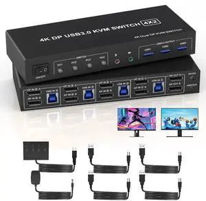 USB 3.0 KVM Switch Displayport 2 Monitors 4 Computers, 4K@60Hz Dual Monitor KVM Switch with Audio Microphone Output and 3 USB 3.0 Ports, 4 Port DP Monitor Switch for 4 PCs 2 Monitors USB 3.0 KVM Switch Displayport 2 Monitors 4 Computers, 4K@60Hz Dual Monitor KVM Switch with Audio Microphone Output and 3 USB 3.0 Ports, 4 Port DP Monitor Switch for 4 PCs 2 Monitors