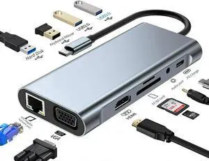 WISDUM 11 in 1 USB C Hub Docking Station with 4K HDMI, VGA, RJ45, USB 3.0, 3*USB 2.0 Ports, 100W USB-C PD, 3.5mm Aux Ports for MacBook/Laptops and More Devices, HDD, Xbox, Printer, Mouse, Keyboard WISDUM 11 in 1 USB C Hub Docking Station with 4K HDMI, VGA, RJ45, USB 3.0, 3*USB 2.0 Ports, 100W USB-C PD, 3.5mm Aux Ports for MacBook/Laptops and More Devices, HDD, Xbox, Printer, Mouse, Keyboard