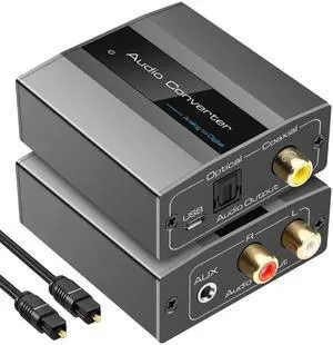 Analog to Digital Audio Converter RCA to Optical with Cable 3.5mm AUX Jack Toslink and Coaxial Adapter for Soundbar Analog to Digital Audio Converter RCA to Optical with Cable 3.5mm AUX Jack Toslink and Coaxial Adapter for Soundbar