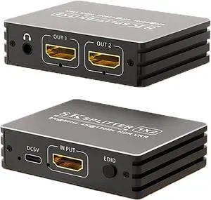 8K HDMI 2.1 Splitter 1 in 2 Out, 1x2 HDMI Splitter Support 8K@60hz, 4K@120hz, EDID, 48Gbps, 3D, HDR 10+, HDCP2.3, Dolby Vision, 3.5mm Audio Output, Mirror Dual Monitors for PS5 SkyQ Xbox NS 8K HDMI 2.1 Splitter 1 in 2 Out, 1x2 HDMI Splitter Support 8K@60hz, 4K@120hz, EDID, 48Gbps, 3D, HDR 10+, HDCP2.3, Dolby Vision, 3.5mm Audio Output, Mirror Dual Monitors for PS5 SkyQ Xbox NS