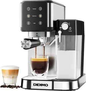 DIDImo Cappuccino coffee machine with milk frother, espresso machine, 304 stainless steel, 20 bar pressure system, double heating system, can make cappuccino, American, latte, etc.