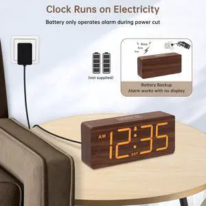 Eyesoul Wooden Digital Alarm Clock for Bedroom - Desk Clock with Large Numbers for Living Room Office, Loud Alarm for Heavy Sleepers Adults, Volume Control, Dimmer, DST, Wood Decor (Adapter Powered)
