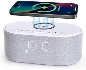 Eyesoul Sound Machine Alarm Clock Wireless Charger: Bluetooth 10W Stereo Sound Speaker Bedroom - White Noise Machine for Sleeping with 21 Soothing Sounds