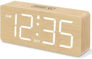 Eyesoul Wooden Digital Alarm Clock for Bedroom - Desk Clocks for Living Room with Large Numbers, Dimmer, Loud Alarm for Heavy Sleepers with Volume Control, DST, Office Wood Decor (Adapter Powered)