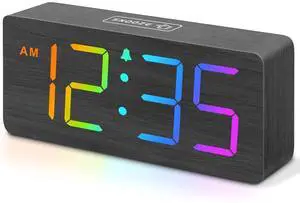 Eyesoul Wooden Digital Clock for Bedroom Desk - RGB Loud Alarm Clock for Heavy Sleepers with Volume Control, Large Numbers with Dimmer for Living Room Office, Wood Decor (Adapter Powered)