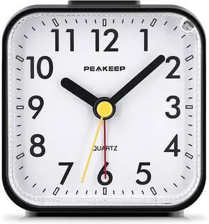 Eyesoul Small Battery Operated Analog Travel Alarm Clock Silent No Ticking, Lighted on Demand and Snooze, Beep Sounds, Gentle Wake, Ascending Alarm, Easy Set (Black)