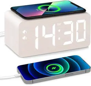 Eyesoul Wooden Digital Alarm Clock, 10W Fast Wireless Charger Station & 2 USB Charging Ports, with 0~99% Dimmer, Dual Alarm, Weekday/Weekend Mode, Wood LED Clock for Bedroom, Desk, Office