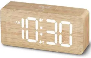 Eyesoul Wooden Digital Alarm Clocks for Bedrooms: Dimmable Dual Alarm Clock with Large Numbers for Bedside Desk - Loud Alarm for Heavy Sleepers with Volume Control - Wood Decor & Gifts
