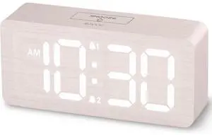 Eyesoul Wooden Digital Alarm Clocks for Bedrooms: Dimmable Dual Alarm Clock with Large Numbers for Bedside Desk - Loud Alarm for Heavy Sleepers with Volume Control - Wood Decor & Gifts