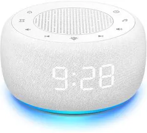Eyesoul Sound Machine & Alarm Clock 2-in-1, 0-100% Clock Face Brightness, Bottom Colored Light, Sleep Timer, Precise 30-Level Volume Control White Noise Machine - White