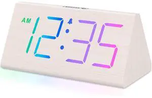 Eyesoul Wooden Digital Alarm Clock for Bedroom - RGB Electric Desk Clock with Large Numbers, USB Port, Loud Alarm for Heavy Sleepers, Dimmer and Volume Control, Snooze, Wood Décor (Adapter Powered)