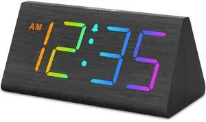 Eyesoul Wooden Digital Alarm Clock for Bedroom - RGB Electric Desk Clock with Large Numbers, USB Port, Loud Alarm for Heavy Sleepers, Dimmer and Volume Control, Snooze, Wood Décor (Adapter Powered)