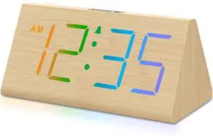 Eyesoul Wooden Digital Alarm Clock for Bedroom - RGB Electric Desk Clock with Large Numbers, USB Port, Loud Alarm for Heavy Sleepers, Dimmer and Volume Control, Snooze, Wood Décor, Adapter Powered