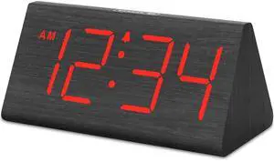 Eyesoul Wooden Digital Alarm Clocks for Bedrooms - Electric Desk Clock with Large Red Numbers, USB Port, Battery Backup Alarm, Adjustable Volume, Wood Décor, Dimmer, Snooze, DST (Adapter Powered)