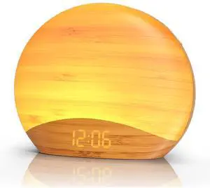 Eyesoul Natural Wood Grain Sound Machine Sunrise Alarm Clock26 Nature Inspired Sleeping Sounds, 0-100% Dimmable Clock, Night Light,Brown/Pink/White Noise Sound Machine for Babys, Kids, Adults