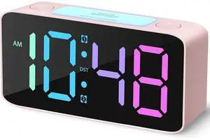 Eyesoul Super Loud Alarm Clock for Heavy Sleepers Adults,Digital Clock with 7 Color NightLight,Adjustable Volume,USB Charger,Small Clocks for Bedrooms Bedside,ok to Wake for Kids,Teens (Pink+RGB)