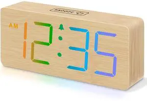 Eyesoul Wooden Digital Alarm Clock for Bedroom - RGB Desk Clocks for Living Room with Large Numbers, Dimmer, Loud Alarm for Heavy Sleepers with Volume Control, Office Wood Decor (Adapter Powered)
