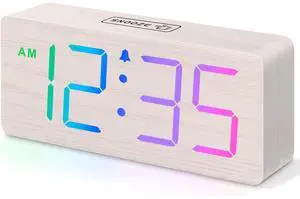 Eyesoul Wooden Digital Clock for Bedroom Desk - RGB Loud Alarm Clock for Heavy Sleepers with Volume Control, Large Numbers with Dimmer for Living Room Office, Wood Decor (Adapter Powered)