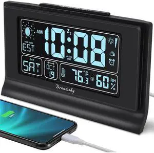 Eyesoul Alarm Clocks for Bedrooms with Battery Backup, Auto Set Digital Clock with Date and Day of Week, Indoor Temperature Humidity, Moon Phase, Dimmer, Auto DST, USB Port Eyesoul Alarm Clocks for Bedrooms with Battery Backup, Auto Set Digital Clock with Date and Day of Week, Indoor Temperature Humidity, Moon Phase, Dimmer, Auto DST, USB Port