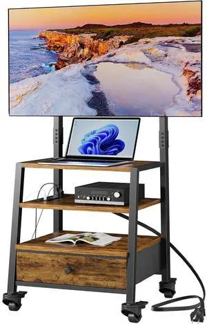 Eyesoul Rolling TV Stand with Mount and Fabric Drawer for 32-75" TV - Entertainment Center with Charging Station and Industrial TV Console Table for Living Room, Bedroom - Rustic Brown