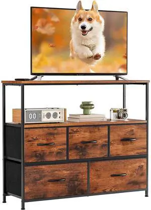 Eyesoul TV Stand Dresser for Bedroom with 5 Fabric Drawer,Entertainment Center for 45 inch Television, Media Console Table with Storage, Open Shelf, Adjustable Feet, Living Room Furniture, Brown