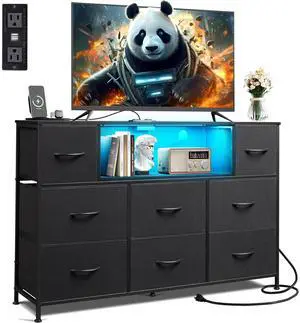 Eyesoul Black TV Stand for 45, 50, 55 inch TV, Entertainment Center with LED Lights & Charging Station, TV Media Console Table with 8 Fabric Drawers and Open Shelves for Living Room, Hallway, Wood Top