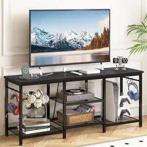 Eyesoul Entertainment Center for 55 inch TVs, TV Stand with Power Outlet and Open Storage Shelves, TV Media Console Table for Living Room and Bedroom,Black