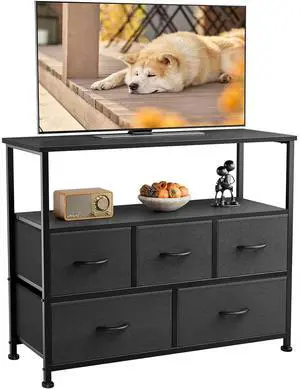 Eyesoul TV Stand Dresser for Bedroom with 5 Fabric Drawer,Entertainment Center for 45 inch Television, Media Console Table with Storage, Open Shelf, Adjustable Feet, Living Room Furniture, Black