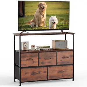 Eyesoul TV Stand Dresser with 5 Fabric Storage Drawers, Media Console Featuring Open Shelf for 45 inch TV, Compact Entertainment Unit for Bedroom, Living Space, or Dorm Organization, Rust