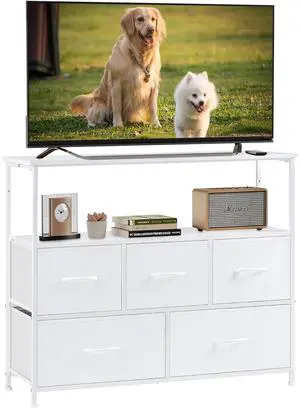 Eyesoul TV Stand Dresser with 5 Fabric Storage Drawers, Media Console Featuring Open Shelf for 45 inch TV, Compact Entertainment Unit for Bedroom, Living Space, or Dorm Organization, White