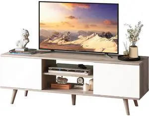 Eyesoul TV Stand for 55 60 inch TV, Boho Entertainment Center with Storage Cabinets, TV Console for Living Room Decor, Greige White