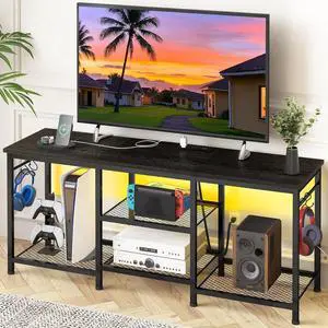Eyesoul Black TV Stand Entertainment Center for 55 Inch TVs, with Charging Station and Lights Open Storage Shelves, TV Media Console, Open Storage Shelf with Sound Rack for Living Room, Bedroom