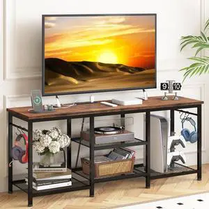 Eyesoul Entertainment Center for 55 inch TVs, TV Stand with Power Outlet and Open Storage Shelves, TV Media Console Table for Living Room and Bedroom, Rustic Brown
