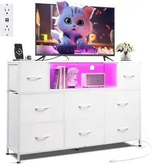 Eyesoul White TV Stand for 45, 50, 55 inch TV, Entertainment Center with LED Lights & Charging Station, TV Media Console Table with 8 Fabric Drawers and Open Shelves for Living Room, Hallway, Wood Top