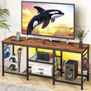 Eyesoul TV Stand Entertainment Center for 55 Inch TVs, with Charging Station and Lights Open Storage Shelves, TV Media Console, Open Storage Shelf with Sound Rack for Living Room, Rustic Brown