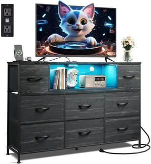 Eyesoul Black TV Stand for 45, 50, 55 inch TV, Entertainment Center with LED Lights & Charging Station, TV Media Console Table with 8 Fabric Drawers and Open Shelves for Living Room, Hallway, Wood Top