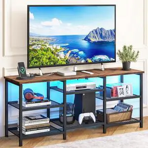 Eyesoul TV Stand for 55 inch TVs, Entertainment Center with Movable Shelf Panels, Power Outlet and LED Lights Open Storage Shelves, TV Media Console Table for Living Room and Bedroom, Rustic Brown