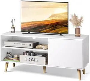 Eyesoul TV Stand for 55 Inch TVs, Entertainment Center with Storage Cabinet, Mid-Century TV Stands for Living Room and Bedroom, 50" TV Console, White